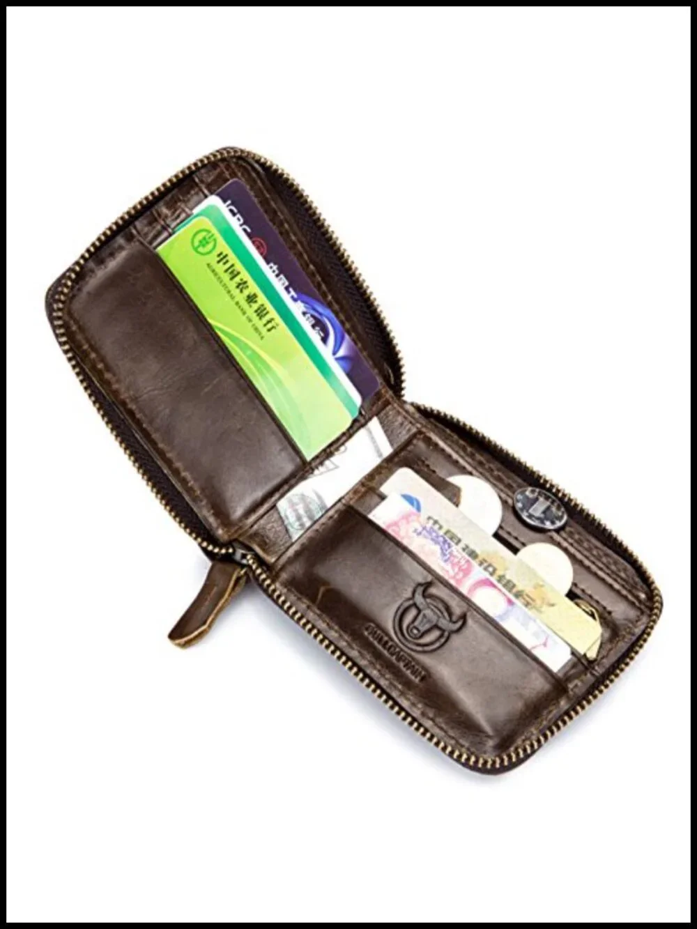 Genuine Cowhide Leather RFID Blocking Zipper Wallet with Coin Pocket